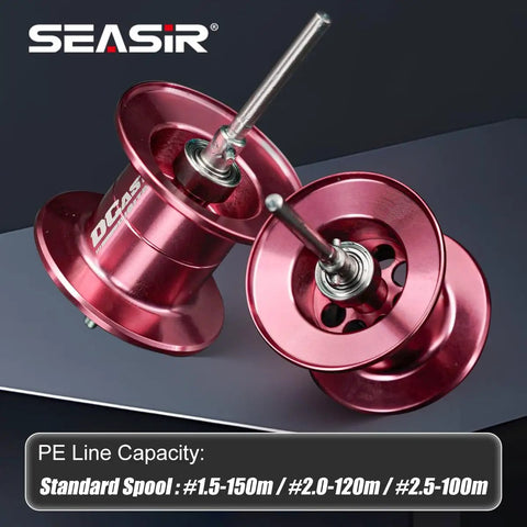 DCast Baitcaster Reel With Digital Control System Ultralight Fishing Gear, dual red component view, PE line capacity details.