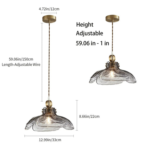 Grey Glass Pendant Light Fixture 12.99 Inch Diameter Vintage Farmhouse Hanging Light For Kitchen Island Living Room Hallway Bedroom 1 Light E26 Base With Cozy Warm Glow shown with measurements and adjustable wire height