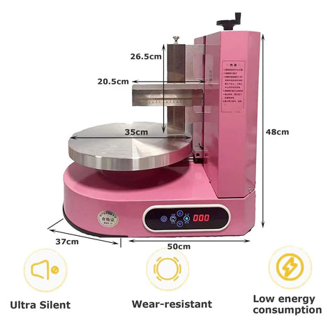 Portable Adjustable Cake Icing Machine with automatic decorating and scraping tool, 4 to 12 inch cakes, pink, side view.