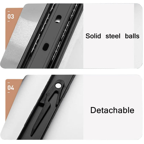 Heavy Duty Rock Solid Metal Drawer Slides 2 Pack Black Steel Runners Ball Bearings For Smooth Full Extension Telescopic Guides Rust Resistant Cold Rolled Steel Build Upgrades Cabinets With Sick Smooth Gliding Action Locks Tight For Tough Home Or Shop, close-up of steel balls and detachable latch