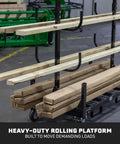 Heavy Duty Mobile Industrial Pipe And Lumber Rack Cart That Moves Like Butter With Four Double Sided Shelves for lumber and conduit.