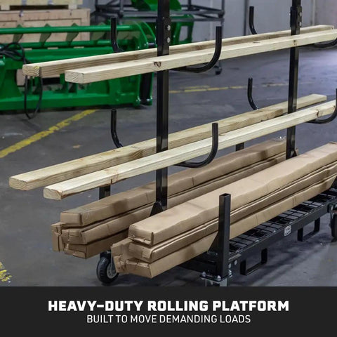 Heavy Duty Mobile Industrial Pipe And Lumber Rack Cart That Moves Like Butter With Four Double Sided Shelves for lumber and conduit.