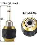 Self Locking Drill Bit Holder Set 50mm Length With One Quarter Inch Hex Shank Quick Release Extension, front and side view.