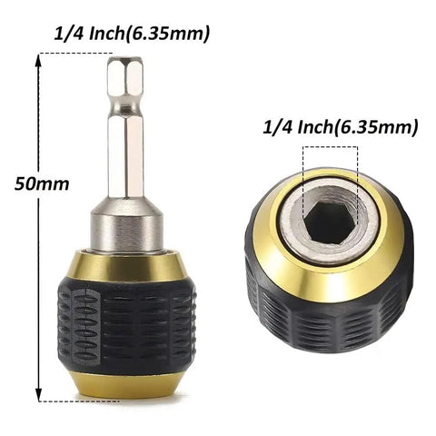 Self Locking Drill Bit Holder Set 50mm Length With One Quarter Inch Hex Shank Quick Release Extension, front and side view.