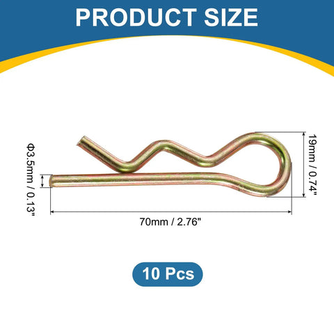 10 Pack Hitch Pin Clips 3.5mm By 70mm R Clips Colored Zinc Spring Steel Retaining Pins Set For Trailers Tractors Mowers Carts And Trucks Durable Cotter Pin Assortment Kit, size diagram
