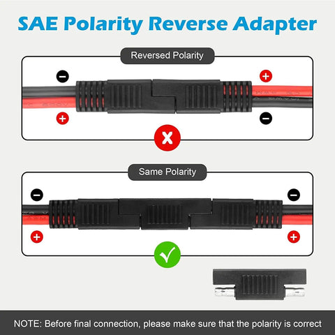 Diagram showing polarity reversal in Heavy-Duty 10AWG SAE To XT60 Solar Adapter Extension Cable 1M 3.28ft