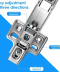 4 Pack 180 Degree Cabinet Hinges, Adjustable Mounting, Soft Close, Hydraulic Buffer, Heavy Duty Cabinet Hardware Made From Cold Rolled Steel, Rust Resistant, Easy Install showing adjustment directions
