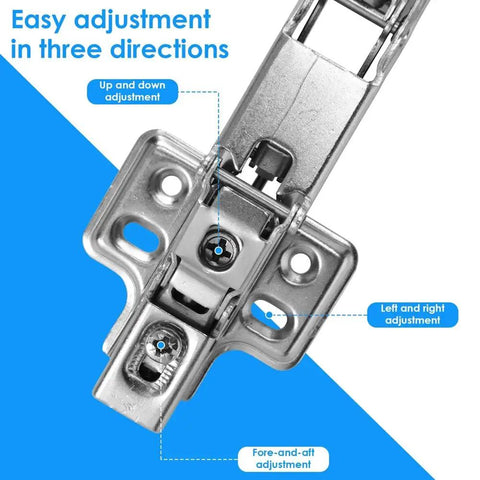 4 Pack 180 Degree Cabinet Hinges, Adjustable Mounting, Soft Close, Hydraulic Buffer, Heavy Duty Cabinet Hardware Made From Cold Rolled Steel, Rust Resistant, Easy Install showing adjustment directions