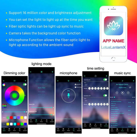 App interface screenshots for Smart App Controlled Fiber Optic Lights Kit RGBW Starlight Headliner For Car And Home Theater Ceiling