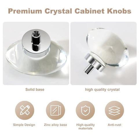 Close-up of 8 Pack Polished Chrome Crystal Glass Cabinet Knobs showing solid base and high quality crystal.