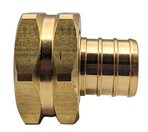 Beefy Brass Garden Hose Adapter Swivel Fitting Three Quarter Inch PEX Barb To Three Quarter Inch GHT Female Connector on white