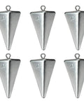 Six Pack 4 Oz Pyramid Fishing Sinkers For Surf Casting And Saltwater Beach Fishing Anti Roll Triangle Lead Weights, front view.