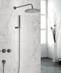 Shower System 10 Inch Wall Mounted Rainfall Head Combo with Handheld Spray on a marble wall with water flowing.