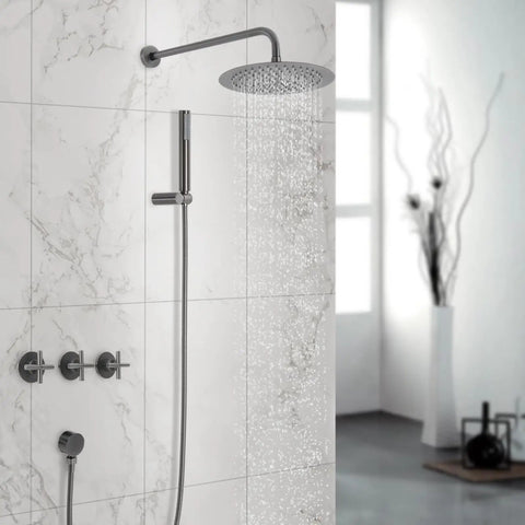 Shower System 10 Inch Wall Mounted Rainfall Head Combo with Handheld Spray on a marble wall with water flowing.