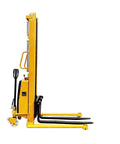 Heavy Duty Wide Leg Semi Electric Pallet Stacker Built Like A Tank With A Rock Solid 2204 Lbs Capacity And A Sweet 138 Inch Lift Height For Confined Warehouses side view showcasing its yellow steel frame and nylon wheels.