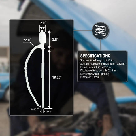 Specifications of Heavy Duty Manual Siphon Hand Pump For Water And Fuel Transfer Featuring Flexible Hose, showing dimensions.