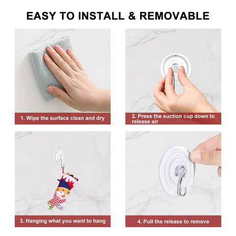 Installation guide for 10 Pack Suction Cup Hooks Set In Three Sizes Clear PVC With Stainless Steel Removable And Reusable Waterproof Hangers.