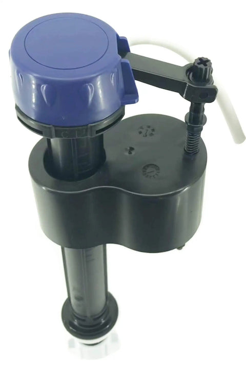 Hassle Free Fill Valve Replacement For 1.28 GPF Lowes AquaSource Toilets Cupc Certified toilet fill valve with blue cap.
