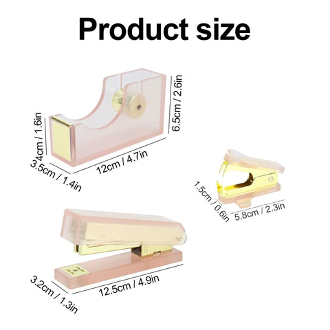 Pink Stapler And Tape Dispenser Set With Acrylic Desktop Organizer showing sizes of each component with stapler, remover, and dispenser.