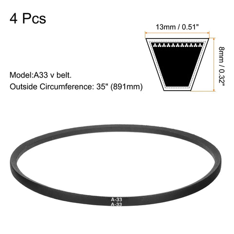4 Pack A33 Or 4L350 Classic Wrapped Rubber V Belt 33 Inch Inside Circumference 841mm Durable Drive Belt with dimensions shown