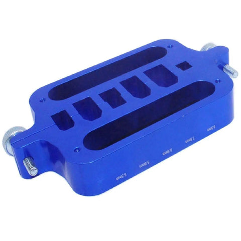 Heavy Duty Aluminum Soldering Jig Block For No Sweat XT60 XT90 T Plug And Bullet Connector Soldering Heat Resistant Multi Size Banana Plug Fixture. Blue aluminum soldering block showing various slot sizes.