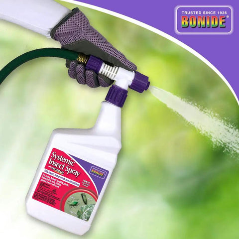 Ready To Spray Systemic Insect Control Spray 32 Oz with Twist and Shoot Sprayer being used on outdoor shrubs