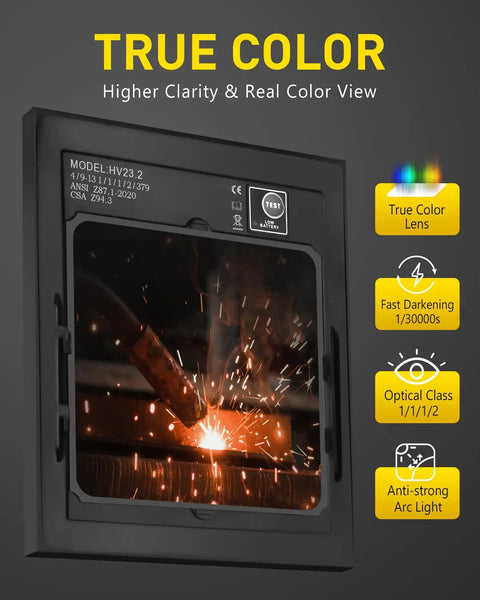 Auto Darkening Welding Helmet With Giant 3.94x3.82 Inch Viewing Screen, showing true color lens in action with sparks.