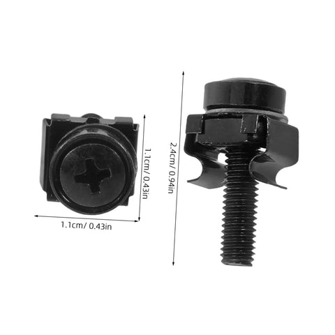 50 Piece M5X25 Metal Server Rack Screw And Cage Nut Kit Delivers RockSolid Grip With Zero Hassle Install For Network Racks, showing black screws and cage nuts dimensions.