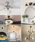 Indoor lighting fixtures including chandeliers and ceiling fans with dimmable E12 LED filament bulb 4W 40W equivalent amber 2200K.