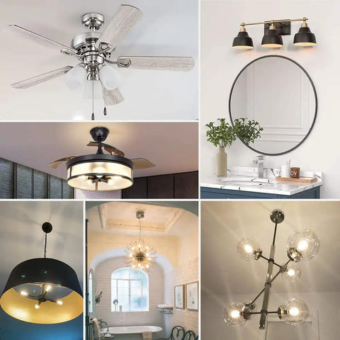 Indoor lighting fixtures including chandeliers and ceiling fans with dimmable E12 LED filament bulb 4W 40W equivalent amber 2200K.