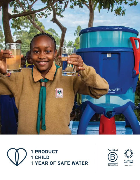 Smiling child holding water filtered by 3 Pack Personal Water Filter For Hiking Camping Travel And Emergency Prep with blue unit.