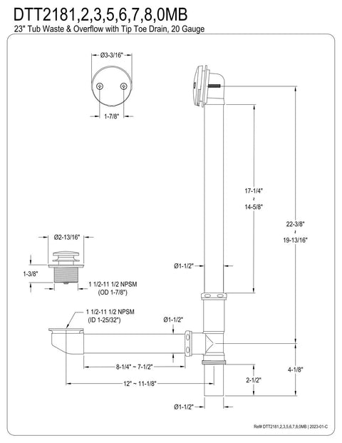 Tub Waste And Overflow With Push And Pop Toe Drain, 18-Inch Model, 23-1/2-Inch Overall Length, technical schematic drawing