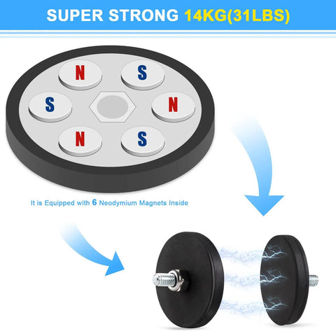 Six Pack Black Rubber Coated Neodymium Magnets With 31 Lbs Pull, M6 Threaded Studs Base, showing interior magnet layout