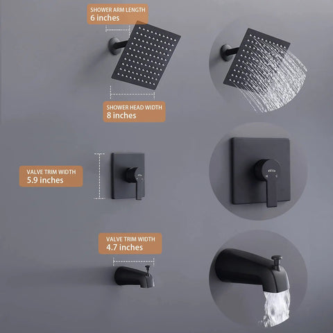 Tub And Shower Faucet Set With Valve Included, Single Handle Trim Kit, 8 Inch Rain Shower Head And Tub Spout, Matte Black Bathroom Fixture.