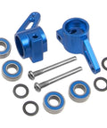 Blue aluminum front steering knuckles carrier blocks with bearings for 1/10 Slash 2WD RC car. Aluminum Front Steering Knuckles Carrier Blocks for 1 To 10 Slash 2WD Rustler Stampede Bandit RC Car Upgrade Beefed Up CNC Machined Lightweight Blue Replacement Durable Upgrade For Improved Steering Precision And Durability With Preinstalled Bearings.
