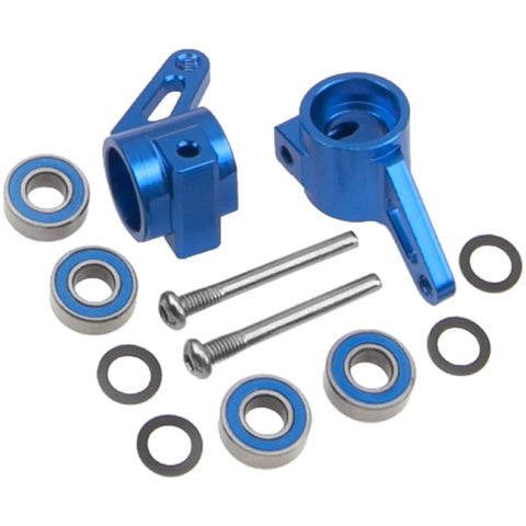 Blue aluminum front steering knuckles carrier blocks with bearings for 1/10 Slash 2WD RC car. Aluminum Front Steering Knuckles Carrier Blocks for 1 To 10 Slash 2WD Rustler Stampede Bandit RC Car Upgrade Beefed Up CNC Machined Lightweight Blue Replacement Durable Upgrade For Improved Steering Precision And Durability With Preinstalled Bearings.