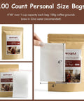 No Mess Cold Brew Filters 100 Count Disposable Fine Mesh Bags 4x6 Inches package and dimensions shown, fits mason jar or pitcher