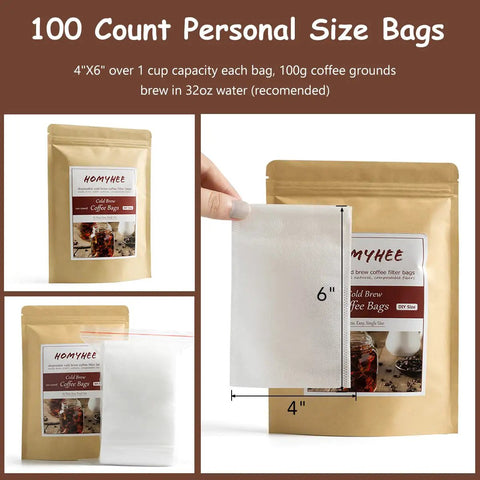 No Mess Cold Brew Filters 100 Count Disposable Fine Mesh Bags 4x6 Inches package and dimensions shown, fits mason jar or pitcher