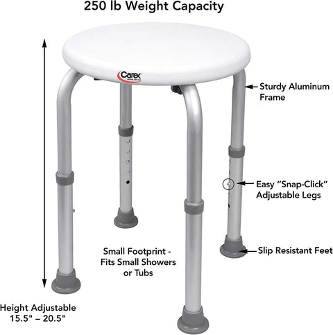 Compact Shower Stool With Adjustable Height, sturdy aluminum bath seat for narrow tubs, rock solid stability, slip resistant legs.
