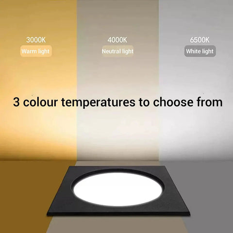 LED Spot Lights Square Double Head Recessed Downlight for Living Room showing 3 color temperatures: warm, neutral, and white light.