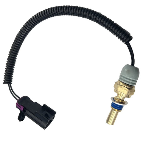 Radiator coolant temperature sensor pigtail with brass probe, gray connector, and black corrugated wire loom