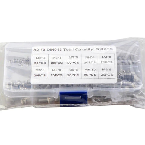 200 Piece Hex Socket Set Screw Kit Flat Point Stainless Steel M3 M4 M5 M6 M8 DIN 913 Garage Ready Organizer Case view