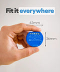 Hand holding compact blue WiFi Smart Relay Switch 1 Channel UL Certified Up To 15A Remote Control for Home Automation, 42mm x 36mm.