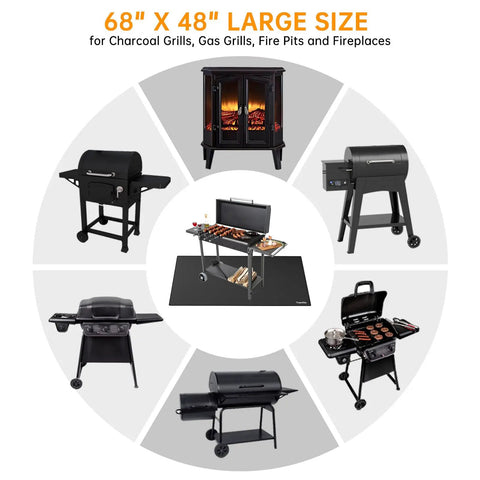 Large 68 By 48 Inch Fire Pit Mat For Outdoor Grills And Solo Stove Bonfire, showing multiple grill types