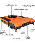 Heavy Duty Electric Machinery Mover Skate With Wireless Remote Control showing battery compartment, alloy steel pull ring, and caster wheels.