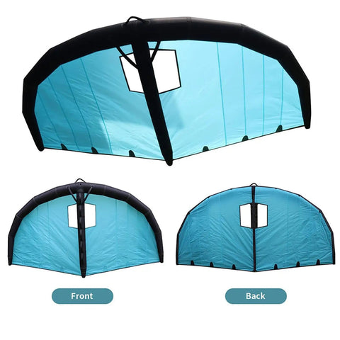 Inflatable Foil Wing For Wind Wing Foiling And Kitesurfing shown front and back with window design, polyester silk, and Oxford cloth