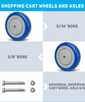 Image showing Five Inch Shopping Cart Wheel Set With Dual Precision Bearings And Polyurethane Tread Blue Crown Four Replacement Wheels with axles.