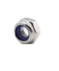 Close-up of a single stainless steel lock nut with nylon insert from 35 Pack M5 Self Locking Nylon Insert Nuts 0.8mm Pitch 5mm Height Stainless Steel Lock Nuts For Wheels 3D Printer Bike Durable Anti Loosening Hardware Set, showing detail of nylon ring.