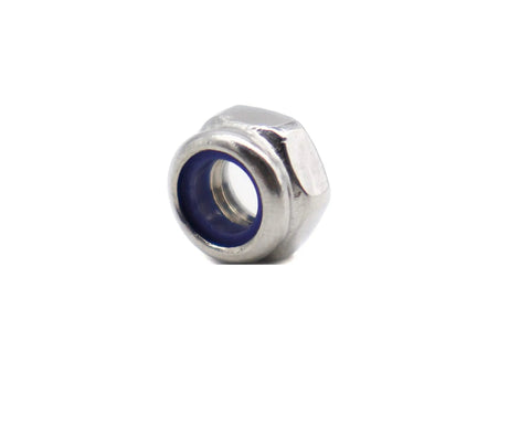 Close-up of a single stainless steel lock nut with nylon insert from 35 Pack M5 Self Locking Nylon Insert Nuts 0.8mm Pitch 5mm Height Stainless Steel Lock Nuts For Wheels 3D Printer Bike Durable Anti Loosening Hardware Set, showing detail of nylon ring.