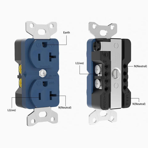 Audiophile Duplex Receptacle 20 Amp 125V Pure Copper Wall Outlet front and back view with labeled connections.